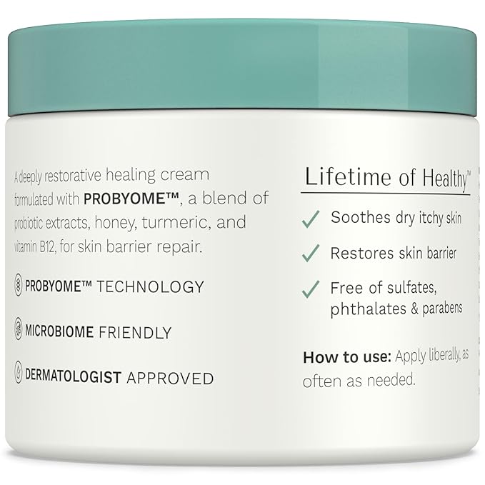 Yobee Body & Face Cream for Dry, Itchy Skin, Eczema & Psoriasis, Dermatologist Formulated, Probiotics, Honey, Turmeric, Vitamins B12 & E, Ceramides, Shea Butter, Fragrance Free, For Kids & Adults