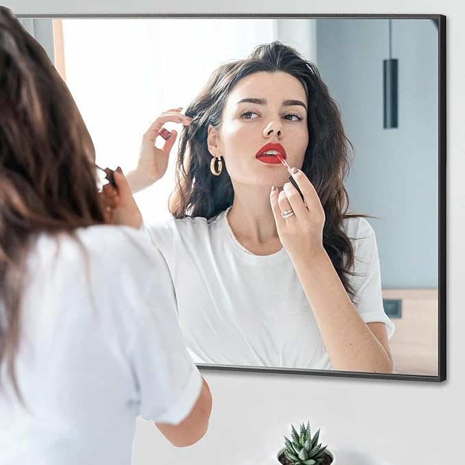 24x32 Inch Black Bathroom Mirror, Copper-Free Aluminum Alloy Frame Vanity Mirror, Rectangle Wall Mounted Modern Mirror for Bedroom/Living Room/Porch Horizontal or Vertical