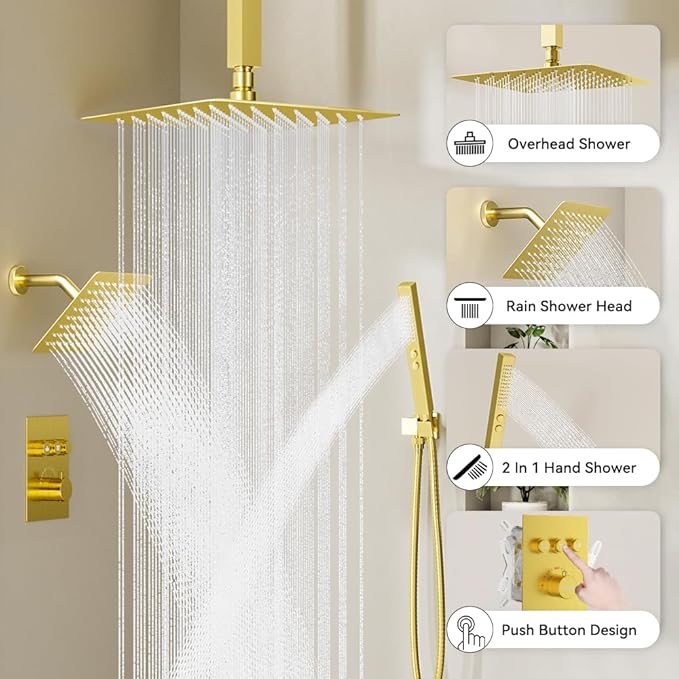 Brushed Gold Shower System, STARBATH Ceiling Mounted 10+6 Inch Rainfall Shower Head with 2 in 1 High Pressure Handhled, Can Use All at Once, Push Button Diverter Thermostatic Valve with Trim Kit