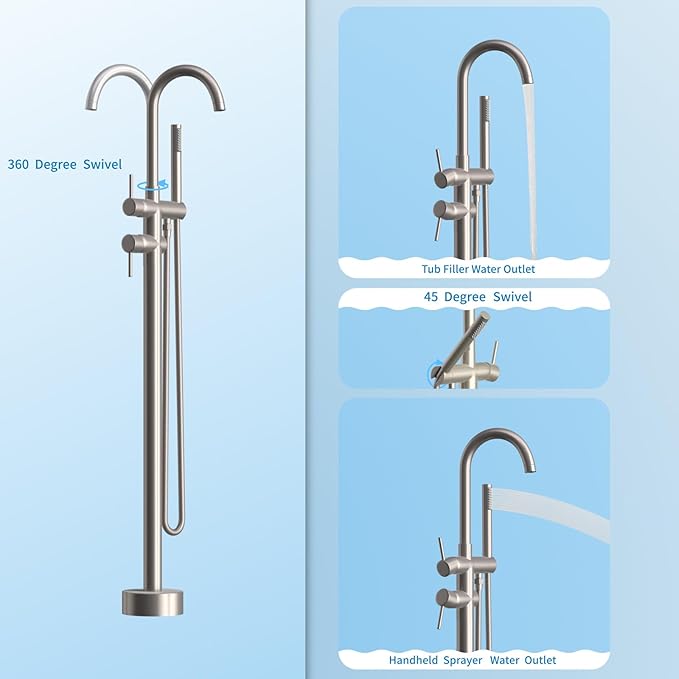 Freestanding Bathtub Faucet,Tub Filler Floor Mount Stand Bathtub Faucet Brass Bathroom Tub Faucets with 2 Function Hand Shower Wand Swivel Brushed Nickel