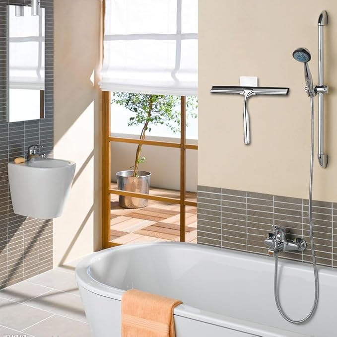 Shower Squeegee for Glass Doors Stainless Steel with Self Adhesive Hook Window Squeegee for Shower Door Bathroom Mirror Wiper, Window Glass Cleaning
