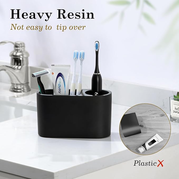 Luxspire Toothbrush Holder, 2 Slots Toothbrush and Toothpaste Holdersfor Bathrooms, Resin Toothbrush Holder Electric Toothbrush Stand for Vanity Countertop, Bathroom Accessories, Matte Black