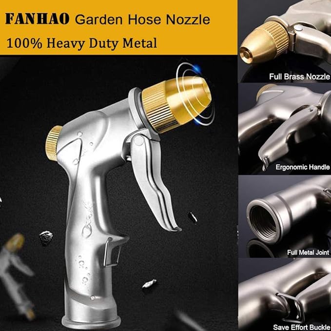 FANHAO Upgraded Garden Hose Nozzle Sprayer, 100% Heavy Duty Metal Handheld Water Nozzle High Pressure in 4 Spraying Modes for Watering Plants and Lawn, Car Washing, Patio and Pet