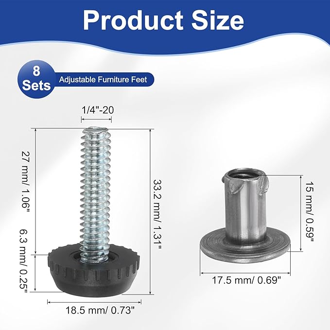 uxcell 1/4"-20 Thread Furniture Feet Levelers, 8Set 27mm L Adjustable Furniture Feet Screw in Threaded Leveling Leg Screw on Chair Foot Glides Leveling for Table Chair Cabinet Black