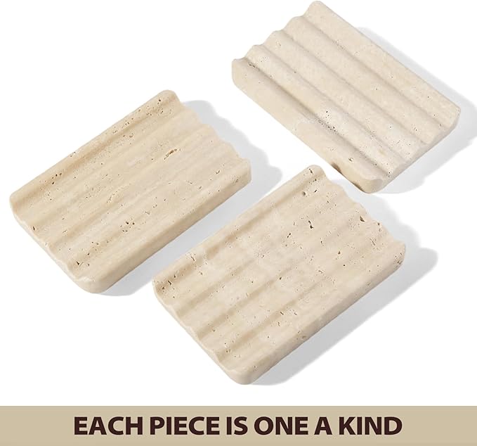 Koville Natural Travertine Soap Dish for Bathroom Shower, Marble Soap Tray Travertine Dish for Bathroom, Stone Soap Tray for Sink, Stripe Grooves Soap Saver Keep Soap Bars Dry Easy Clean