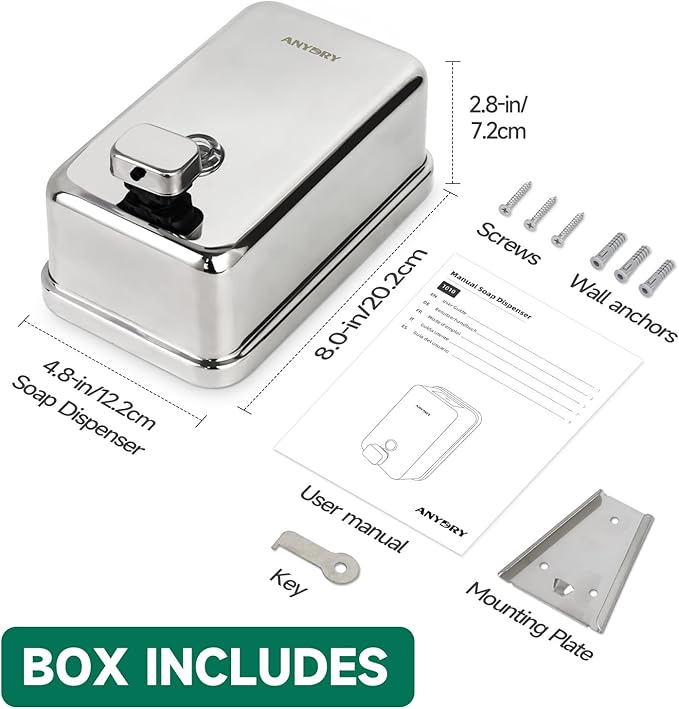 Commercial Wall Mounted Soap Dispenser 37oz 1100ml Large Capacity Polished Stainless Steel Manual Dispenser for High Traffic Restrooms