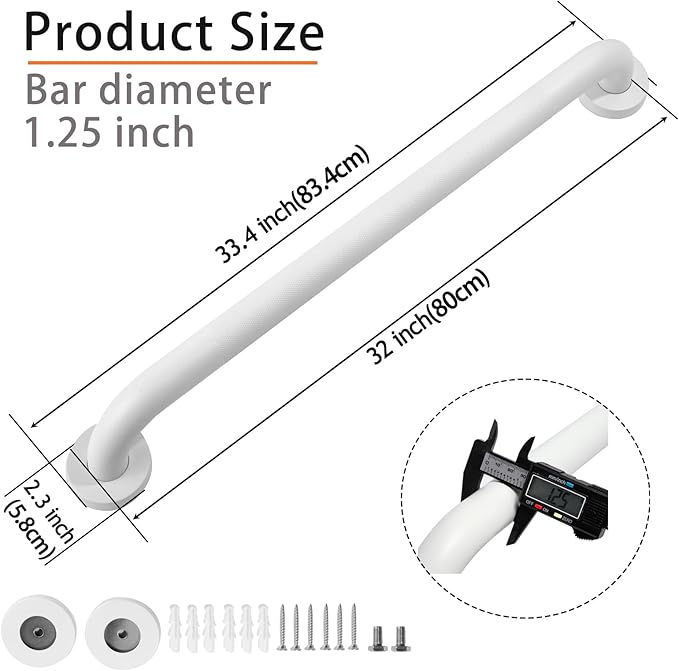 Shower Grab Bar, 2 Pack 32 Inch White Bathroom Grab Bar, 1.25" Diameter 304 Stainless Steel Anti-Slip Grab Bars for Bathtubs and Showers, Handicap Shower Grab Bar for Seniors Elderly