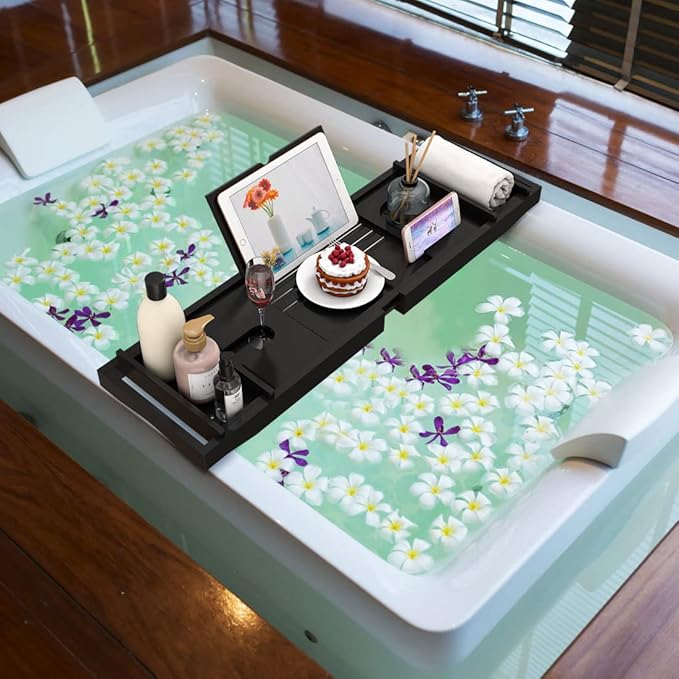 Bamboo Bathtub Tray for Luxury Bathroom, Expandable Premium Bath Tray w/Soap Towel Book Holder, Adjustable Bath Accessories for Tub,Extendable Tub Tray with Wine Glass Cup Organizer 29.5"-43.3" Black