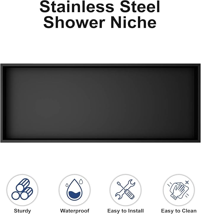 Achelous Stainless Steel Wall Insert Niche - 30" X 12", No Tile Needed, Recessed Shower Shelf Organizer, Matte Black