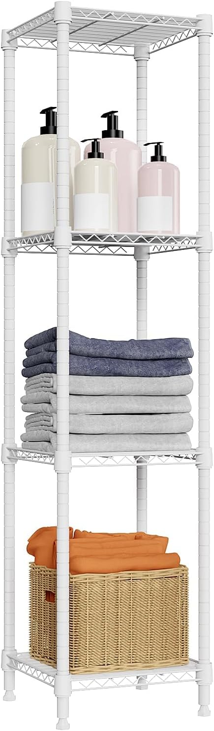 480 lbs Storage Shelves 4 Tier Shelving Units for Storage, Wire Shelving Unit for Closet, Adjustable Shelves for Bathroom Steel Organizer Wire Rack, White 11.8" D x 11.8" W x 47.3" H