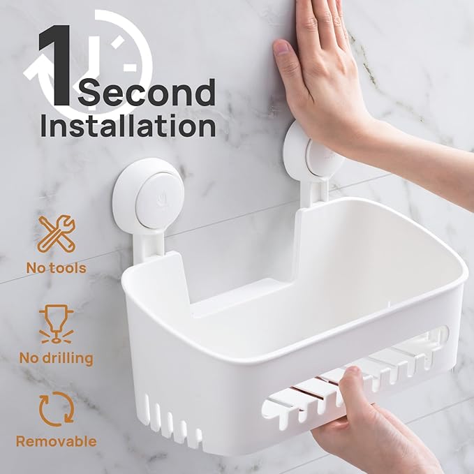 LEVERLOC Shower Caddy Suction Cup Shower Shelf Basket Suction Pack of 2 One Second Installation Removable Powerful Bathroom Organizer Max Hold 22lbs Shower Storage Plastic