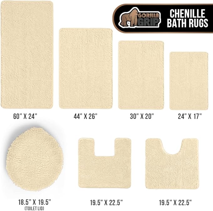 GORILLA GRIP Plush Absorbent Shaggy Chenille Bath Rug Mat for Square Toilet Base with Rubber Backing, Machine Washable Rugs, Soft Microfiber Contour Mats for Toilets, Bathroom Decor, Sand