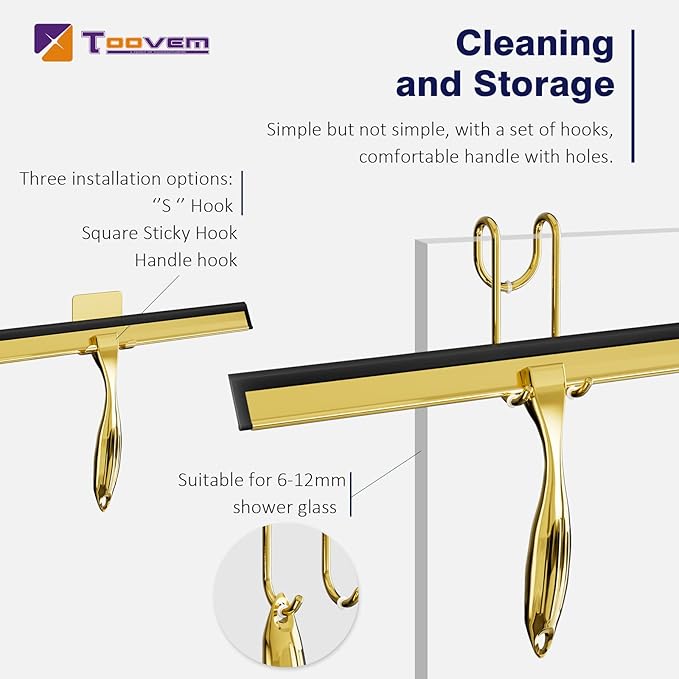 TOOVEM 14 Inch Shower Squeegee for Glass Doors, Window, Bathroom, Car Windshield, Shower Cleaning Tools with S Hook, Square Sticky Hook (Gold)