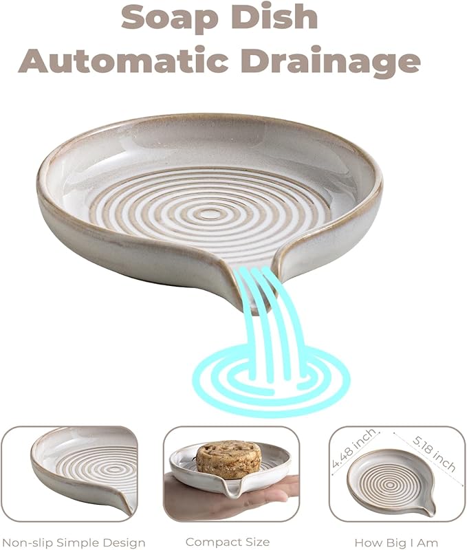 Soap Dish with Drain, Ceramic Soap Holder Self Draining Bar Soap Saver with Waterfall Design for Shower Bathroom Kitchen Sink Bathtub, Beige White