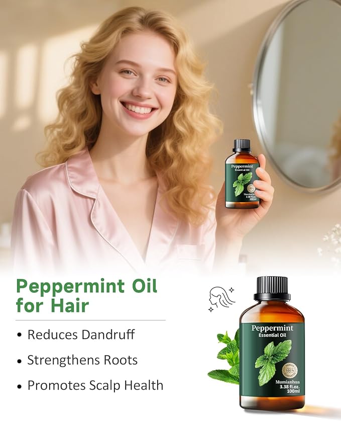 Peppermint Essential Oil Pure, Mumianhua Natural Peppermint Oil for Diffuser, Aromatherapy, Skin, Hair,SPA, DIY, Soap Making,Cleaning 3.38 Fl Oz