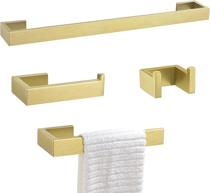 TNOMS Light Gold Towel Bar Set 4 Pieces Bathroom Hardware Set Wall Mounted Stainless Steel,Towel Bar+Towel Holder+Towel Hook+Toilet Paper Holder,23.6 inch