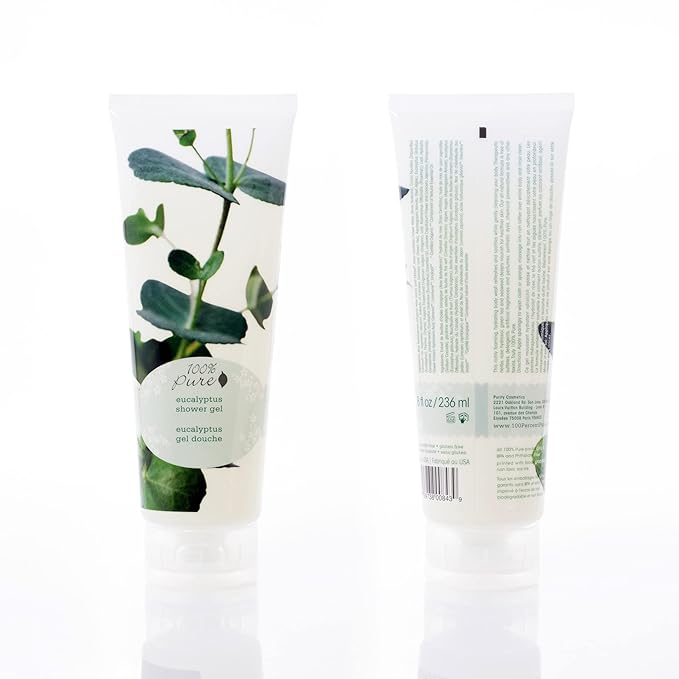 100% PURE Eucalyptus Shower Gel Natural Foaming & Hydrating Body Wash - Deeply Moisturizing Gentle Soap Cleanser for All Skin Types, Even Sensitive - Gluten-Free - 8 Fl Oz