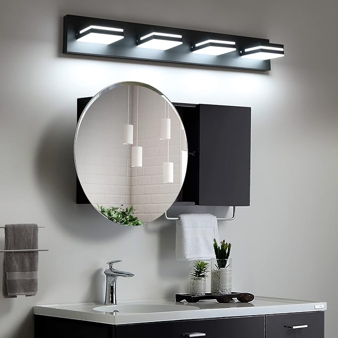 SineRise LED Modern Bathroom Vanity Light Fixtures (4-Light, 30-Inch), Matte Black Modern Acrylic Bathroom Wall Lighting Fixtures Over Mirror (Cool White 6000K)