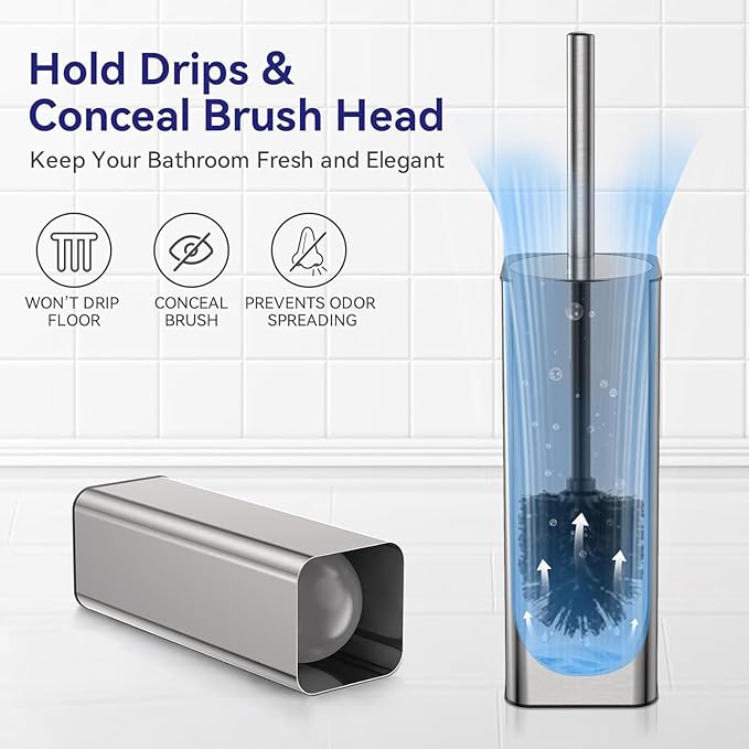 DOWRY Stainless Steel Toilet Bowl Brush and Holder for Bathroom Storage Organization Deep Cleaning Covered Brush Cleaner,Nickel Square