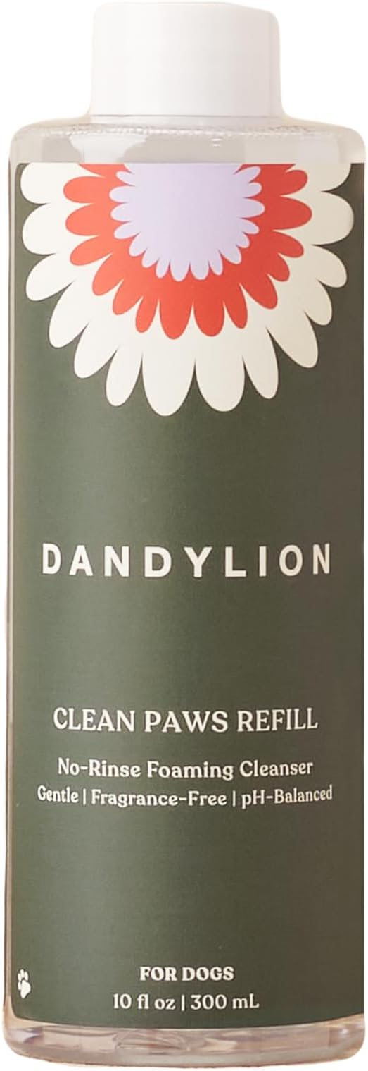 Dandylion Clean Paws No-Rinse Foaming Cleanser Refill – Gentle, Fragrance-Free, pH-Balanced for Dogs, 10 fl oz