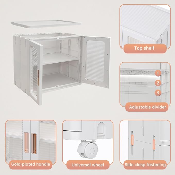 Storage Bins with Lids and Doors Storage Cabinet with Wheels Plastic Stackable Pantry Cabinet Cupboard Closet Foldable Kitchen Collapsible Storage Bins for Book Snack and Bathroom Organizer
