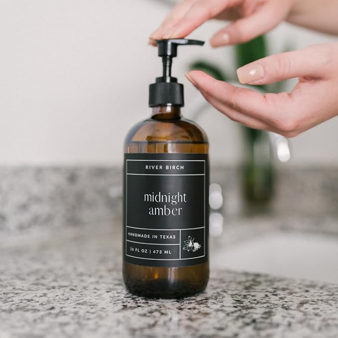 River Birch Midnight Amber Scented Natural Hand Soap - Handmade Soap - Moisturizing Hand Wash with Amber Glass Dispenser - Luxury Scented Hydrating Hand Soap - Vegan and Non-Toxic - 16 Fl Oz