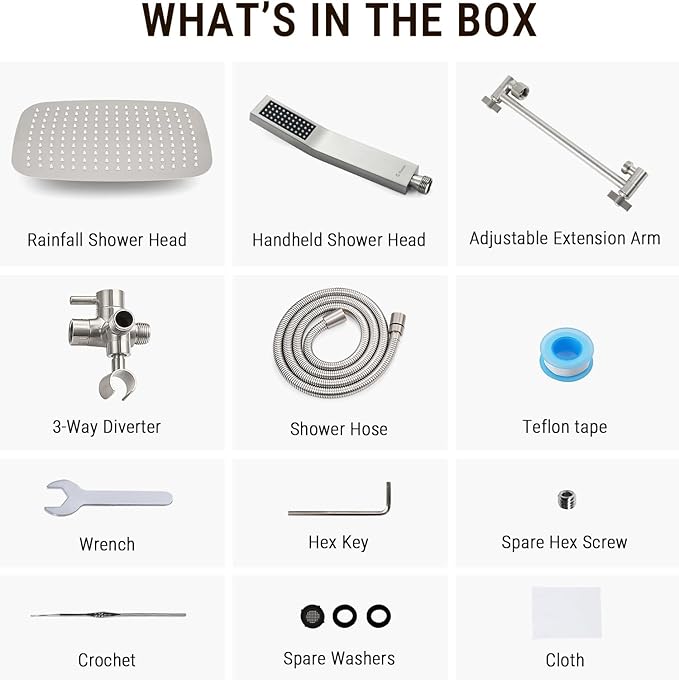 G-Promise All Metal 14 Inch Dual Square Shower Head with Handheld Spray Combo, Rain Shower Head, Adjustable Extension Arm, 3-Way Diverter, 71 Inch Extra Long Hose - A Bathroom Upgrade(Brushed Nickel)