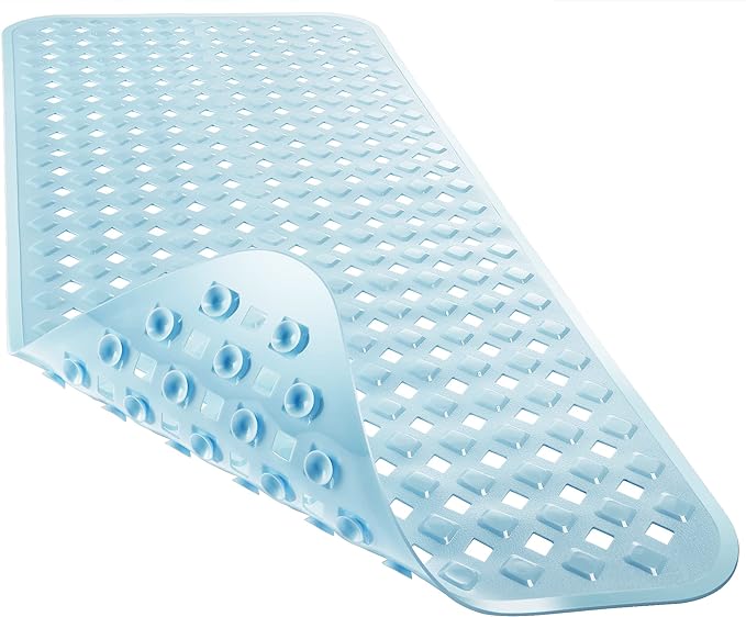 Yimobra Non Slip Bath Mat, Super Strong Suction Cups,34.5"x15.5"Long Tub Mat with Drain Holes, Machine Washable Fast Draining Shower Mats, Bathroom Essentials,Light Blue