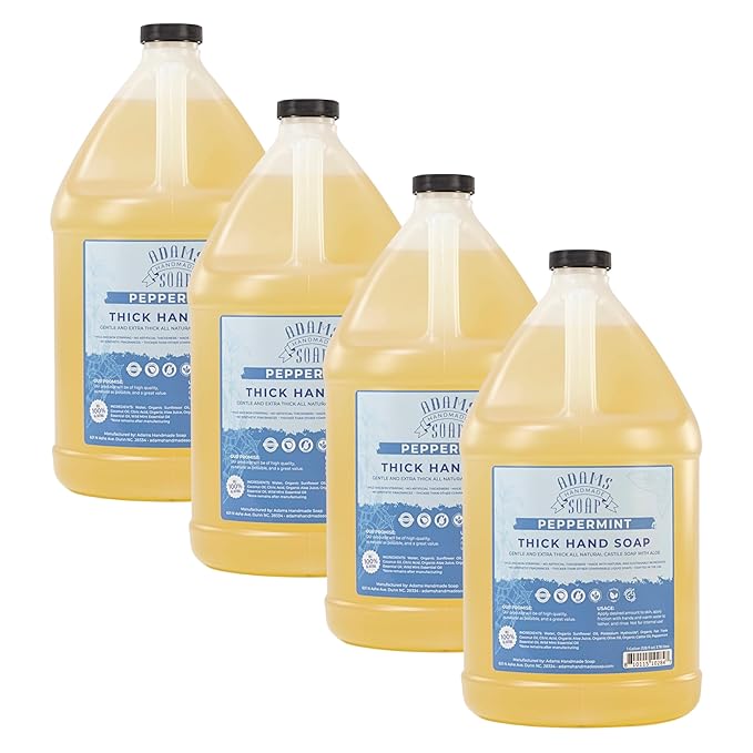 Adams Handmade Soap Thick Organic Castile Liquid Hand Soap 1 Gallon Refill - Peppermint (Pack of 4)