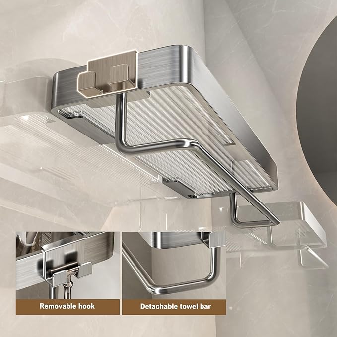 VOLPONE Stainless Steel Wall Mounted Bathroom Shelves - 2-Tier Floating Shelf with Removable Hooks (Brushed Nickel)