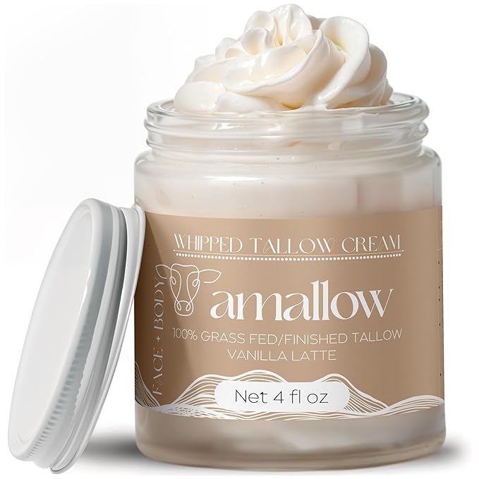 Amallow 100% Grass Fed Beef Tallow for Skin Care - Face + Body - Whipped Moisturizer - Natural Lotion, 4 FL. oz. (Vanilla Latte)