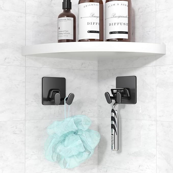 10 Pack Shower Hooks for Inside - Extra Sticky Stainless, Razor Holder Shower Accessories, Wall Mounted Self-Adhesive Hooks for Razor, Loofah, Towel, Coat, Key, Matt Black,