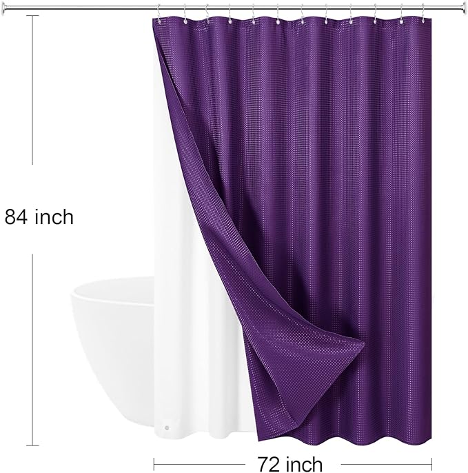 3 in 1 Extra Long Purple Shower Curtain Set-72 W x 84 H, Modern Waffle and PEVA Liner Set with 12 Stainless Steel Hooks, Waterproof Fabric for Bathroom