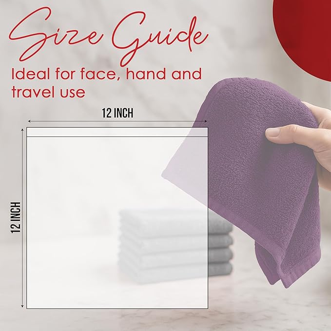 RIVERSIDE 12 Pack Washcloths - 12x12 Inches, 400 GSM, 100% Ring-Spun Cotton - Soft, Absorbent & Durable Face and Body Towels - for Bathroom, Spa, Gym, Makeup Removal & Everyday Use - Purple Passion