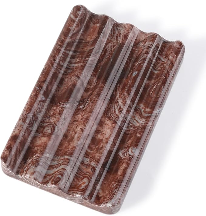 Koville Natural Marble Soap Dish for Shower, Red Marble Soap Tray for Bathroom, Bar Soap Holder for Sink, Stripe Grooves Saver Stone Soap Dish Keep Soap Bars Dry Easy Clean(Red Storm)