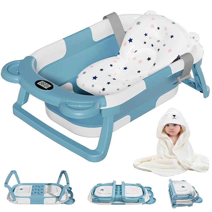 MoreFeel Collapsible Baby Bathtub for Newborn with Thermometer & 1 Hooded Towel & 1 Soft Floating Cushion,Portable Travel Bathtub with Drain Hole, Durable Foldable Baby Tubs for Infants to Toddler