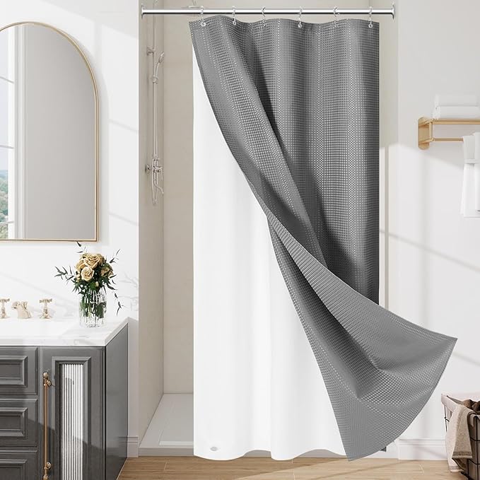 3 in 1 Stall Half Size Shower Curtain Set-36 W x 72 H, Grey Waffle Waterproof Fabric and PEVA Liner Set with Stainless Steel Hooks