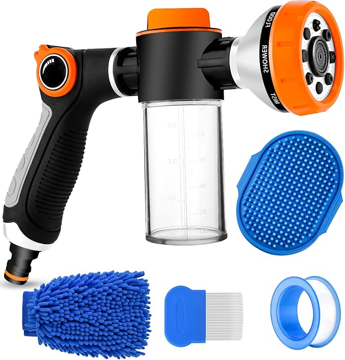 Upgrade Dog Washing Hose Attachment Soap Dispenser, Dog Wash Hose Attachment with Pet Bath Brush Car Wash Mitt and Dog Comb for Showering Pet (Hose Not Include)