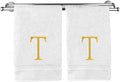 Monogrammed Hand Towel, Personalized Initial Gift, Extra Absorbent 100% Turkish Cotton - Soft Terry Finish - Set of 2 - Gold Block Initial T - Embroidered on White Towels