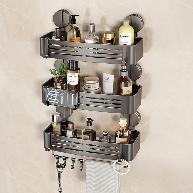 VOLPONE Shower Caddy Suction Cup No Drilling Suction Cup Shower Shelf Heavy Duty Bathroom Shower Organizer Storage Rack Adhesive with Towel Bar Hooks (3-Pack, Matte Gray)
