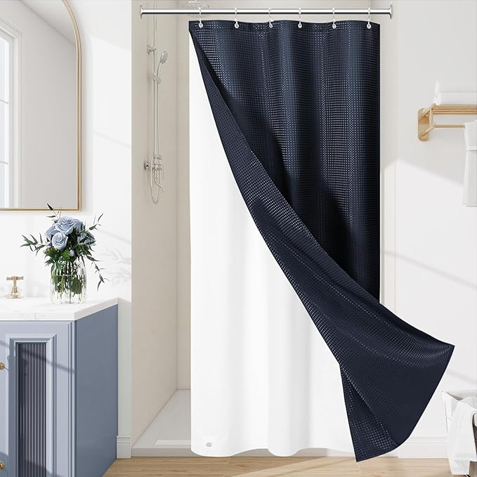 3 in 1 Stall Half Size Navy Blue Shower Curtain Set-36 W x 72 H, Modern Waffle Waterproof Fabric and PEVA Liner Set with Stainless Steel Hooks