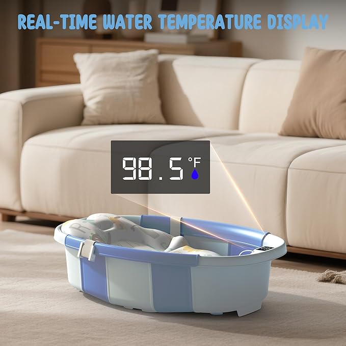 Collapsible Baby Bathtub, 3s to Install, Baby Bath Tub with Soft Cushion & Thermometer, 0-36 Months Newborn Bathtub,Portable Travel Baby Tub, Blue