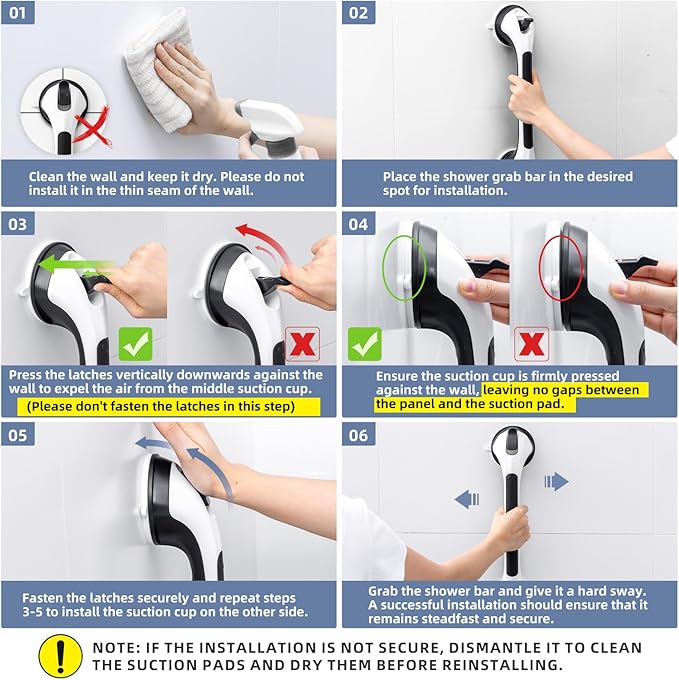 Grab Bars for Bathtubs and Showers Glow in The Dark, 17 inch Suction Grab Bar, Shower Handle Safety Grip Handrail for Seniors and Elderly, Removable Waterproof No Drilling, Black