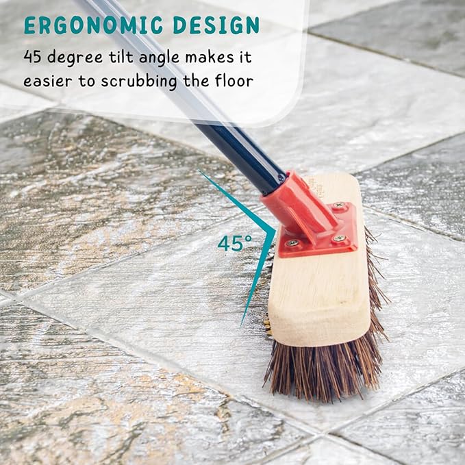 Deck Brush with Long Handle, 52'' Palmyra Bristle Scrub Broom for Boat, Patio, Garage, Concrete, Shower, Bathroom Cleaning, Outdoor Floor Scrubber