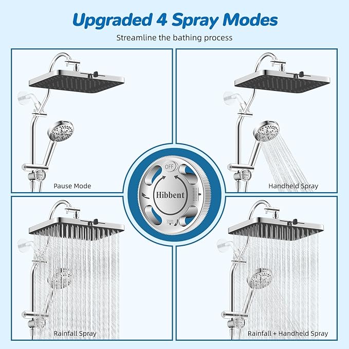 Hibbent cUPC Certified 13'' Shower Head Combo, High Pressure 5 Spray Rainfall Showerhead, 10 Spray Mode Handheld, All Metal Easy Reach 4-way Diverter Arm with Pause Mode, 71'' Hose and Holder, Chrome