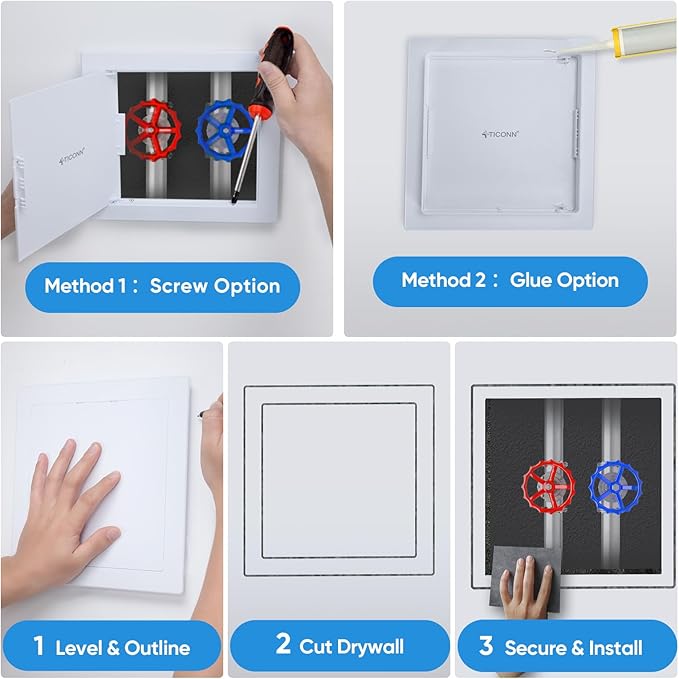 TICONN Access Panel for Drywall, 10 x 10 Inch ABS Plastic Wall Hole Cover Access Doors, Easy Install Plumbing Wall Panel for Drywall, Ceiling, Wiring and Cables