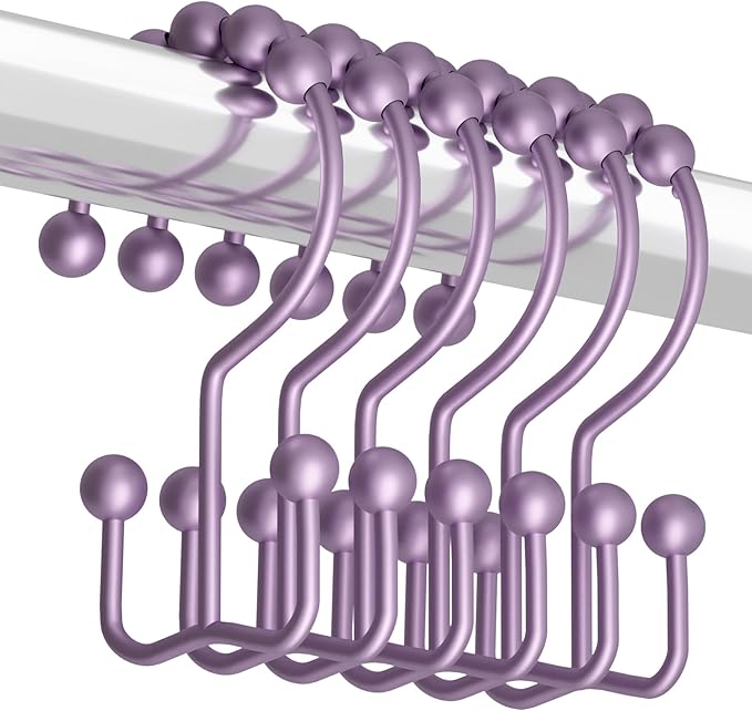 Titanker Shower Curtain Hooks Rings, Rust-Resistant Metal Double Glide Shower Hooks for Bathroom Shower Rods Curtains, Set of 12 Hooks - Greyish-Purple