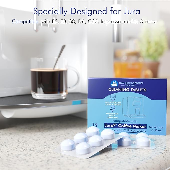 Jura Compatible Cleaning Tablets 12-Pack - Deep Clean Coffee Machine Internal Systems, Portafilter & Brew Group | Remove Oil Residue & Scale | E6/E8/S8/D6/C60/Impressa Models | Prolongs Lifespan
