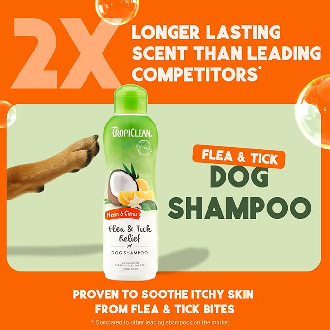 TropiClean Citrus Flea & Tick Shampoo for Dogs, Soothing Bite Relief, Fresh Citrus Scent, Made in the USA, 20oz.