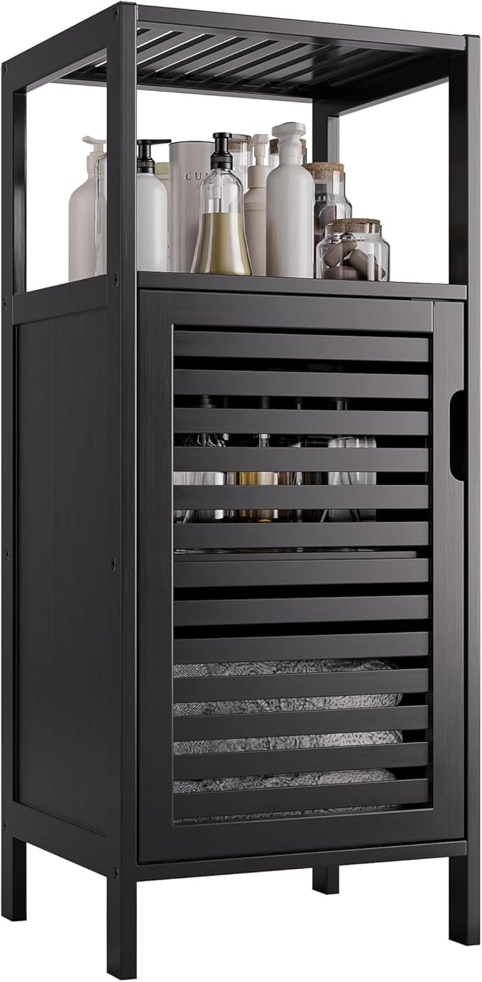 HITNET Bamboo Floor Cabinet, Small Bathroom Cabinet Floor Standing, 4 Tier Narrow Side Storage Cabinet, Space Saving Kitchen Cupboard with Single Door, Black